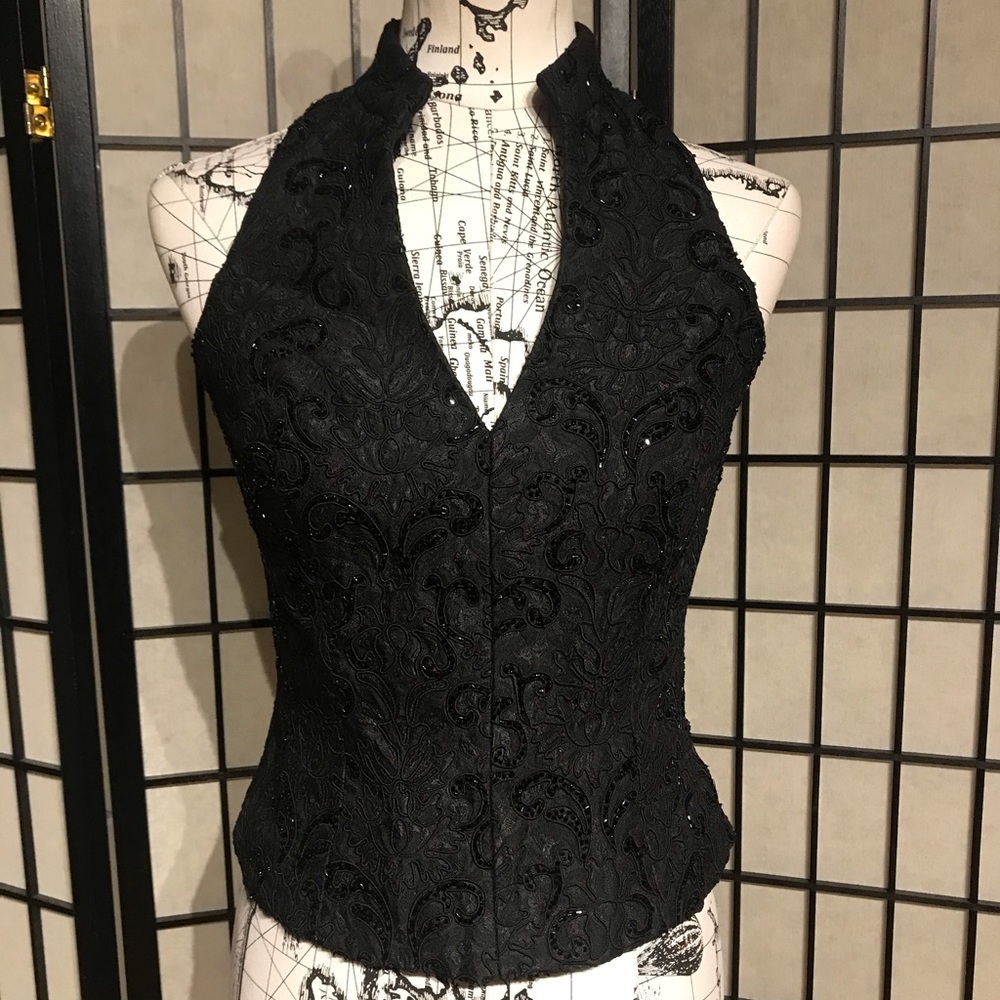 👹Vintage Carmen Marc Valvo Embellish bead Sleeveless Floral Formal Evening top 6